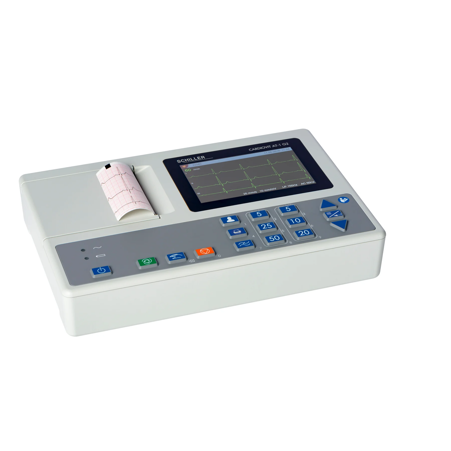Electrocardiógrafo SCHILLER CARDIOVIT AT-1 G2 en vista tres cuartos con papel de registro