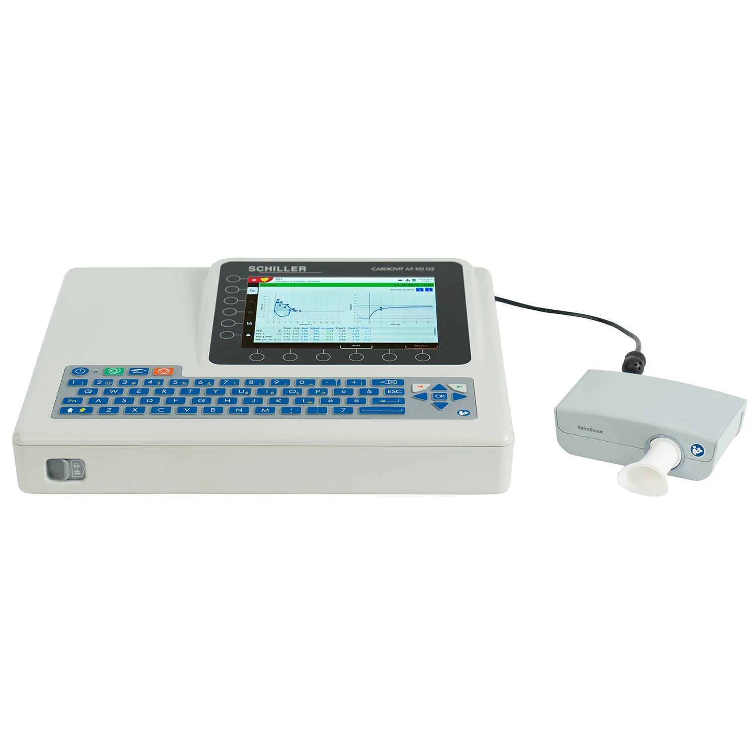 Electrocardiógrafo SCHILLER CARDIOVIT AT-102 G2 conectado a un sensor de espirometría