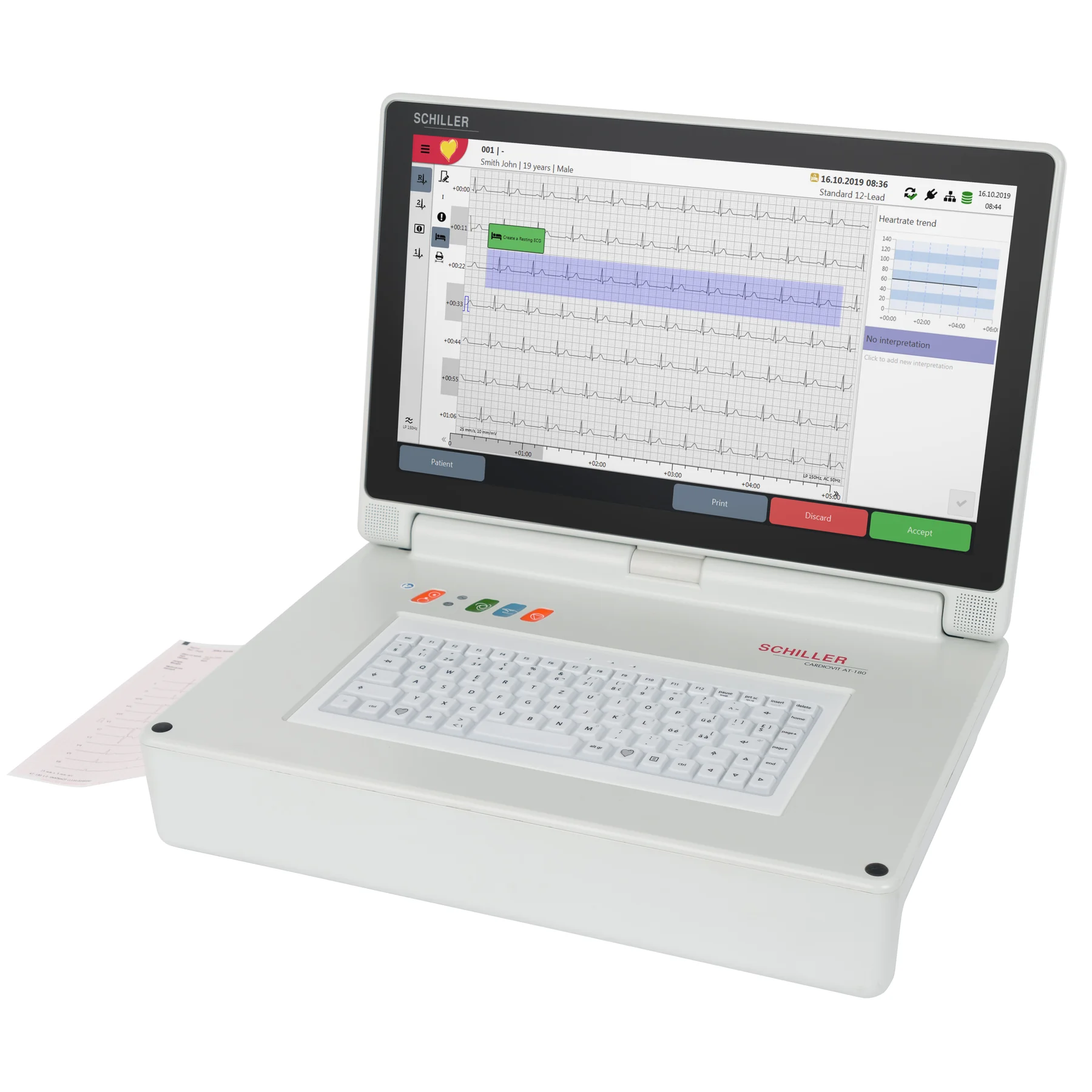 Electrocardiógrafo SCHILLER CARDIOVIT AT-180 en vista tres cuartos con papel de registro