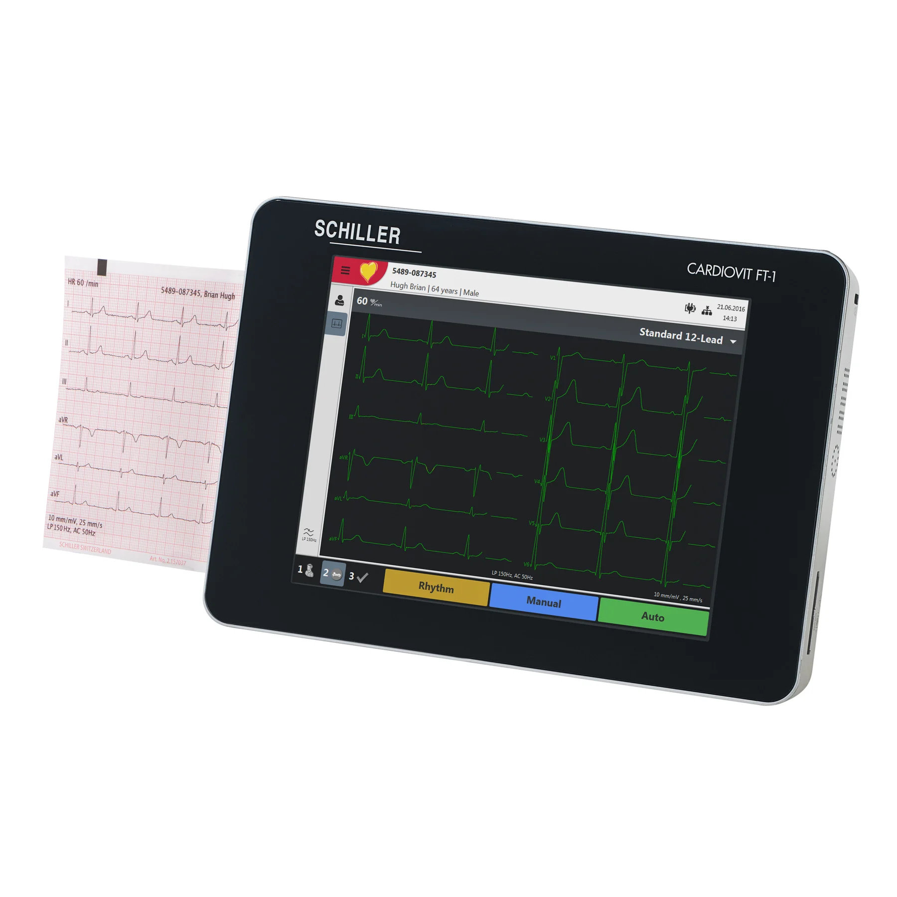 Electrocardiógrafo SCHILLER CARDIOVIT FT-1 en vista tres cuartos con papel de registro