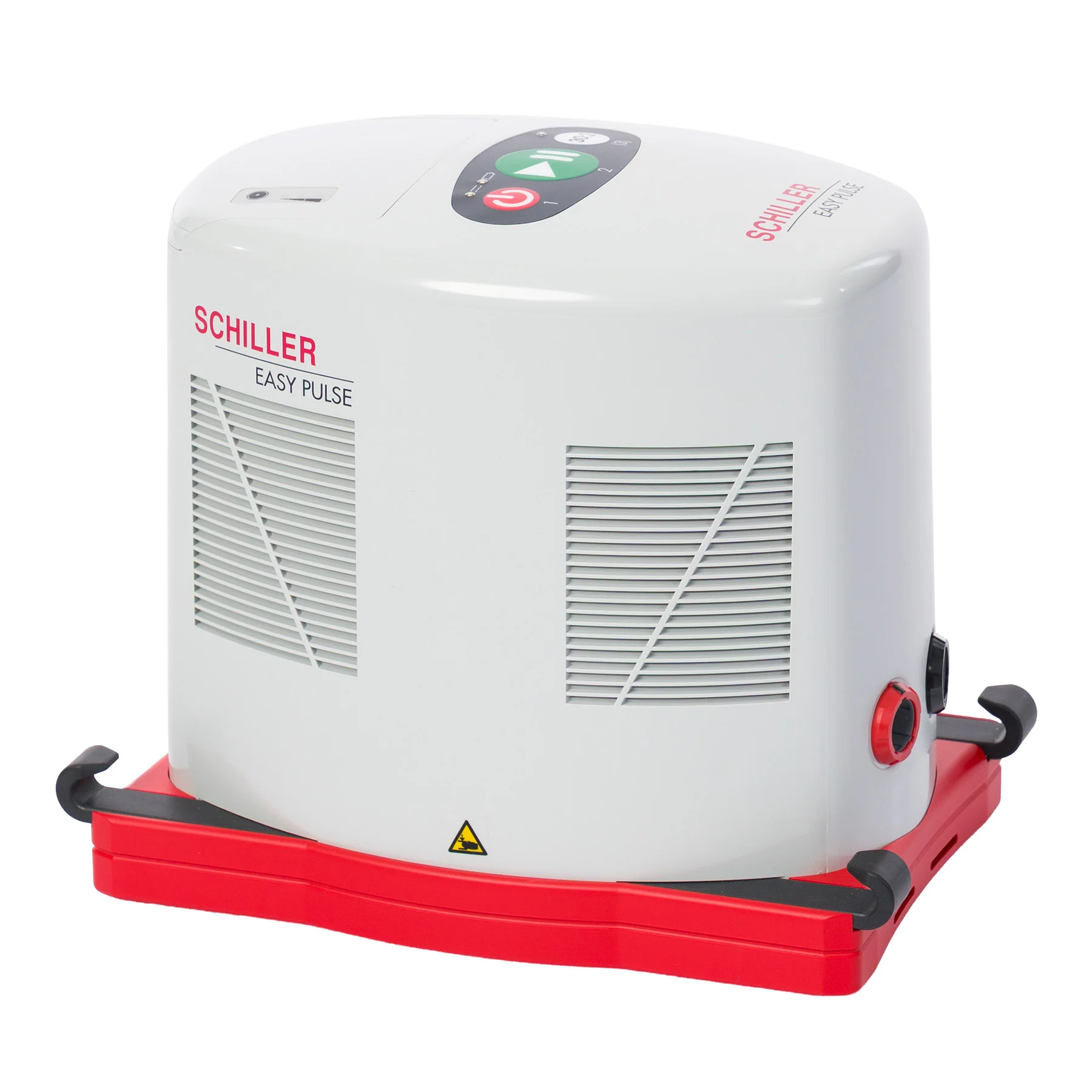 Dispositivo SCHILLER Easy Pulse visto desde atrás con carcasa ventilada y correas