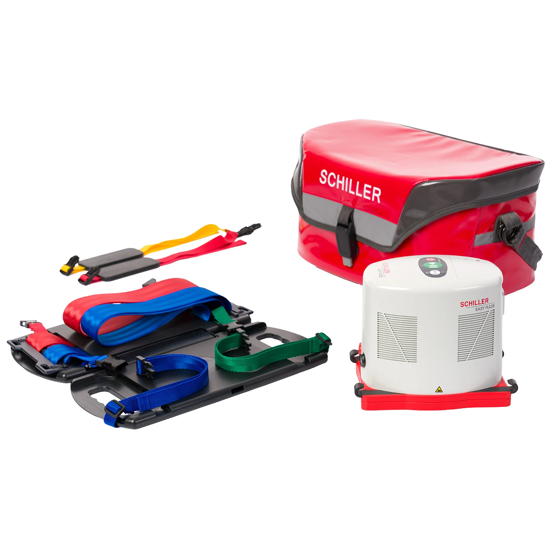 Sistema SCHILLER Easy Pulse junto a la bolsa y accesorios de transporte
