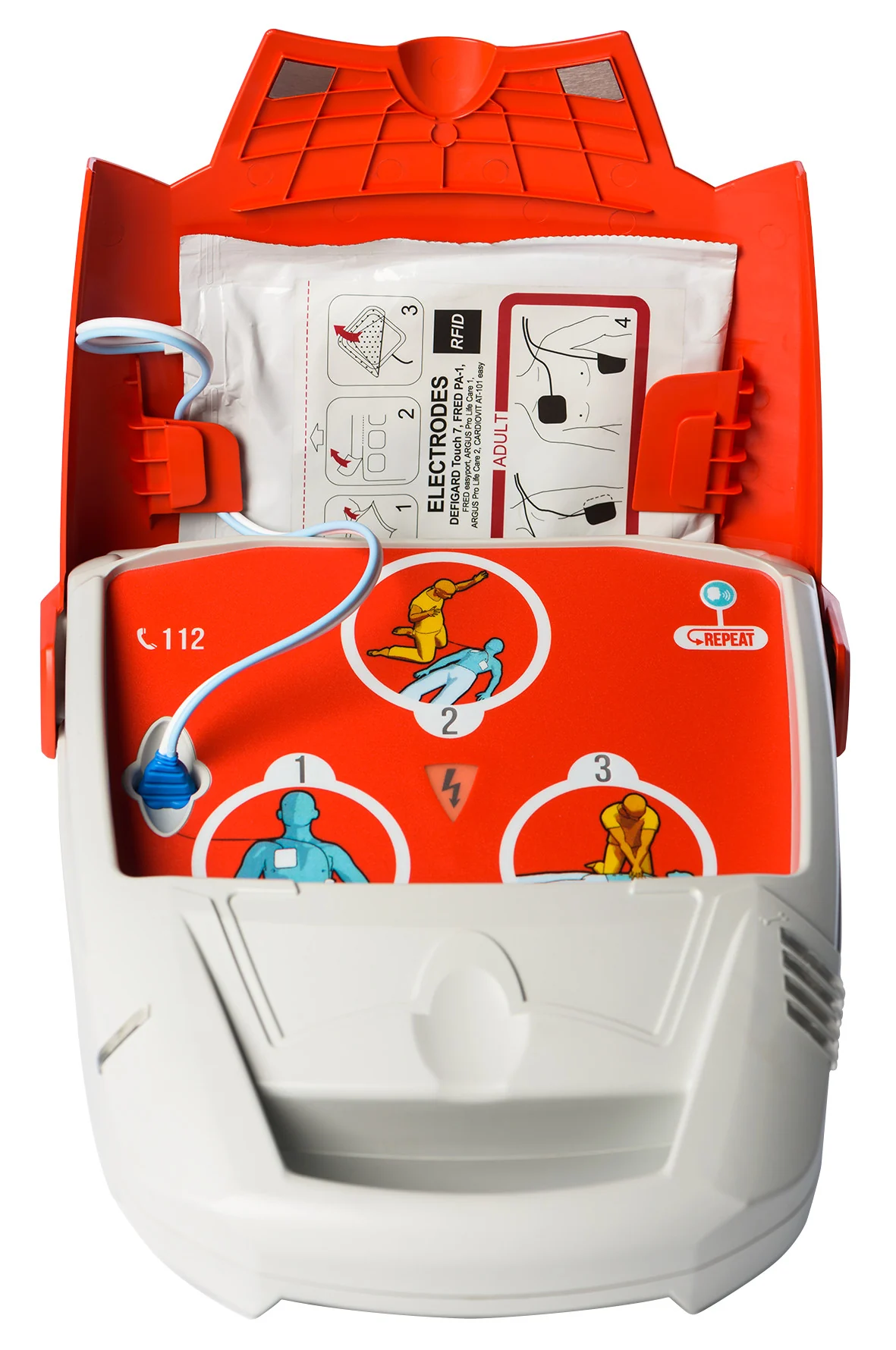 Desfibrilador SCHILLER FRED PA-1 abierto con instrucciones y electrodos visibles