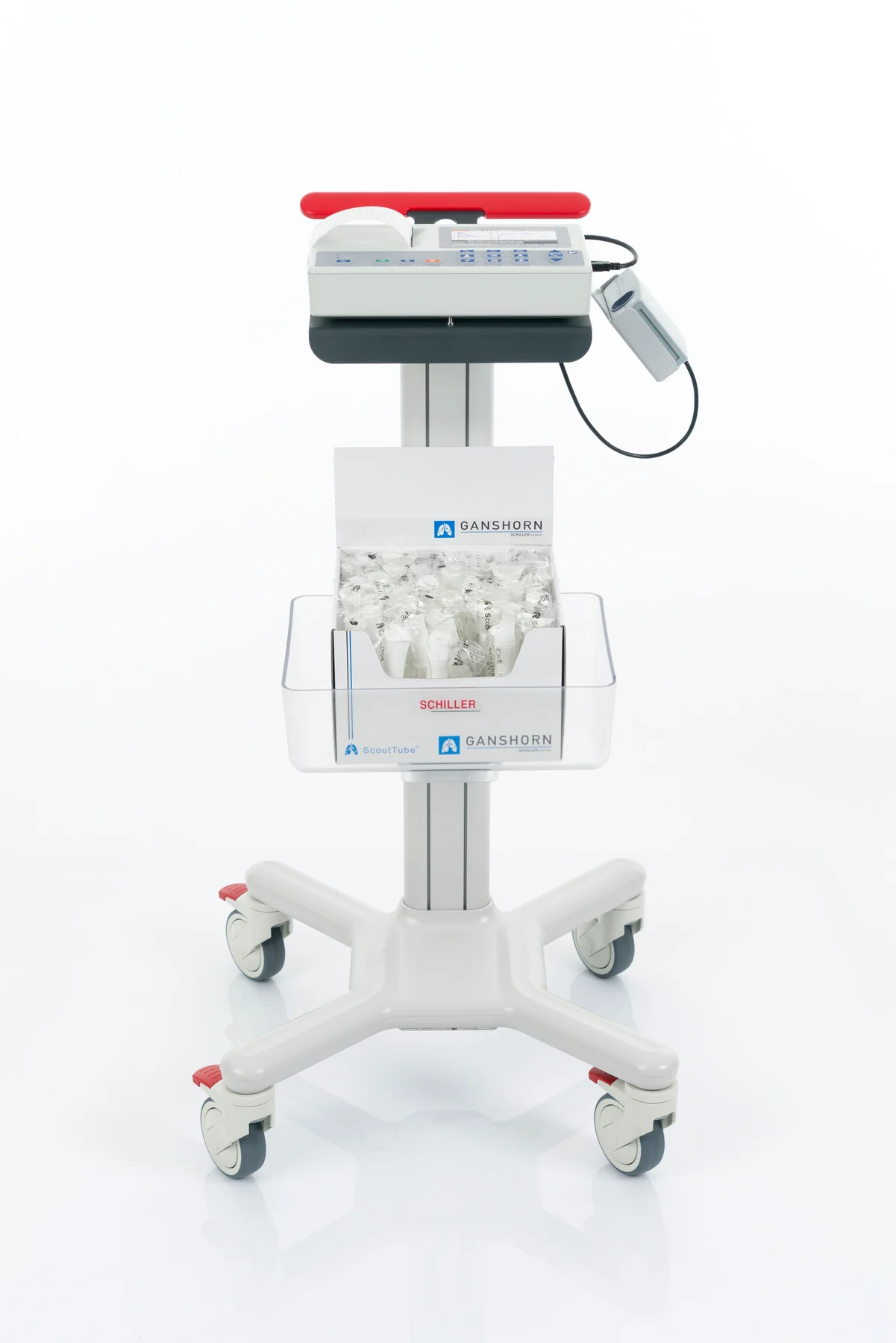 Espirómetro SCHILLER SPIROVIT SP-1 G2 con sensor instalado sobre un carro clínico