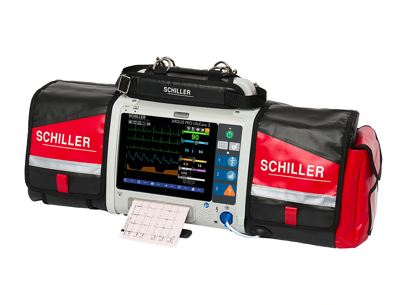 Desfibrilador y monitor SCHILLER ARGUS PRO LifeCare 3 con pantalla de signos vitales, entre las bolsas laterales de su sistema de transporte