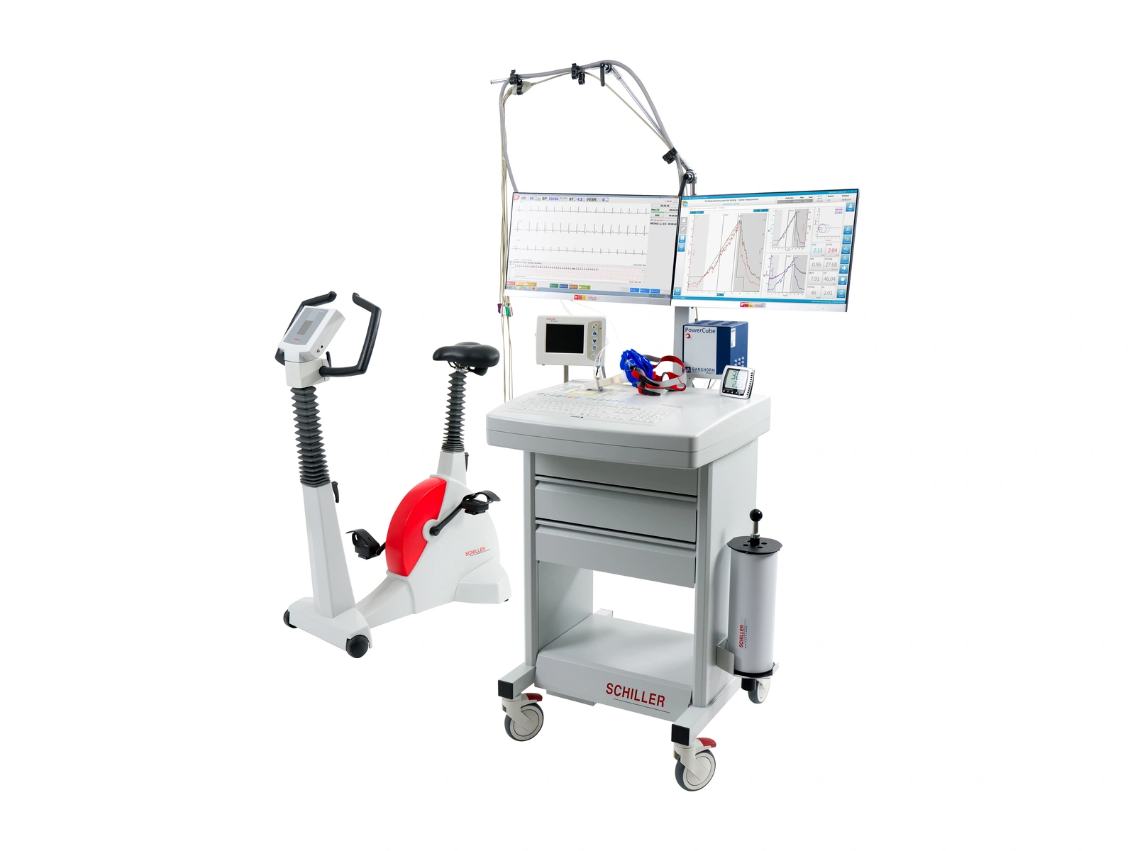 Sistema CARDIOVIT CS-200 Excellence Ergospiro con dos pantallas, analizador de gases y ergómetro; configuración ilustrativa