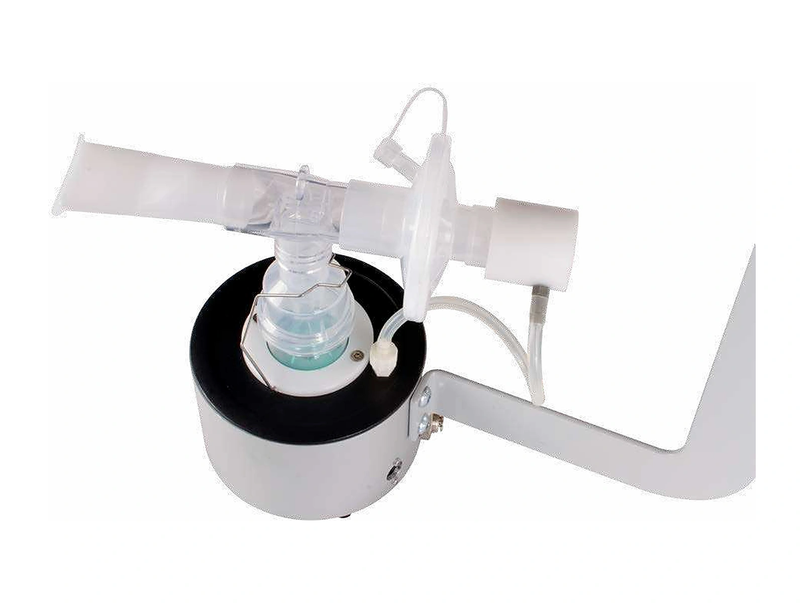 Nebulizador del dosímetro Ganshorn ProvoX sobre su soporte, con boquilla y tubo